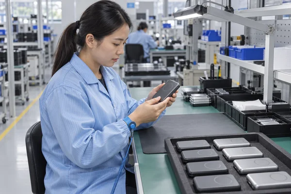 Technician inspecting a magnetic power bank beside finished samples on an electronics assembly bench