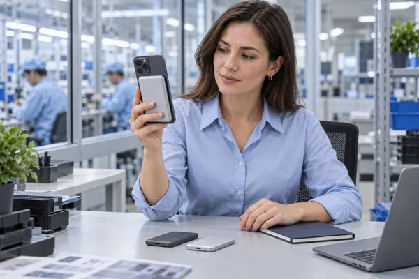 Buyer reviewing a magnetic power bank sample at an electronics supplier workstation