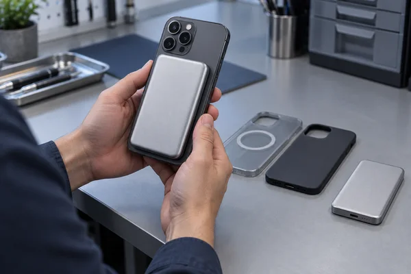 Magnetic power bank attached below a smartphone camera with two protective cases on the bench
