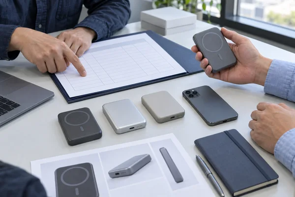 Reviewers comparing magnetic power bank samples with a document folder before production approval