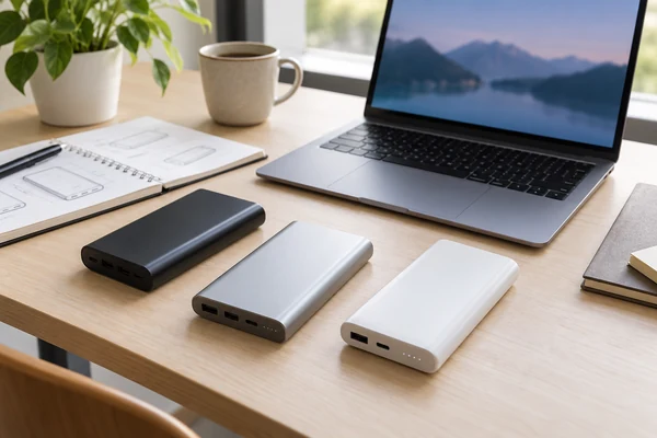 Three unbranded power banks arranged beside a laptop on a procurement desk.