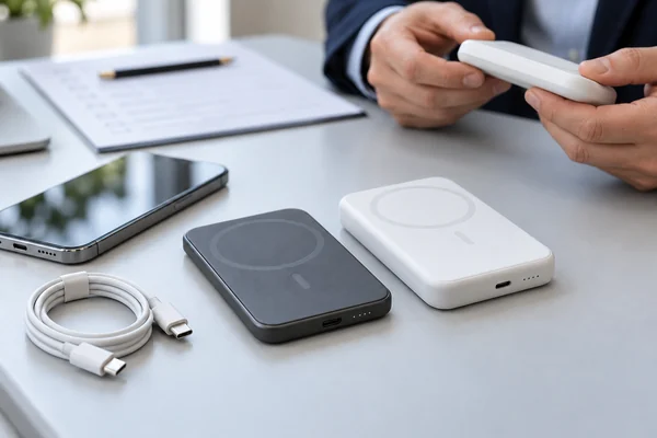 Buyer inspecting a wireless power-bank sample beside compact and thicker sample designs, a smartphone and USB-C cable.