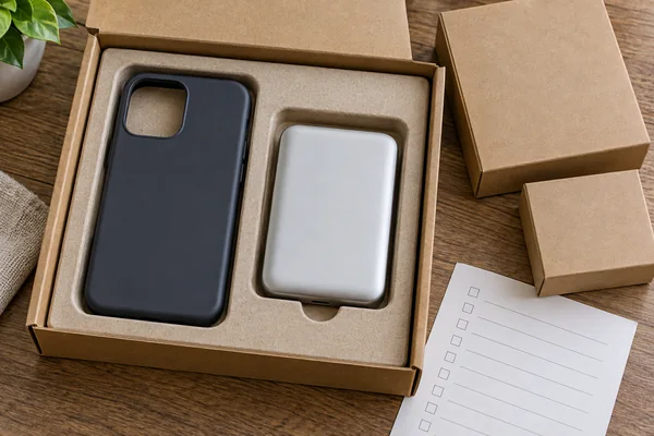 Phone case and power bank placed in separate compartments of a retail kit