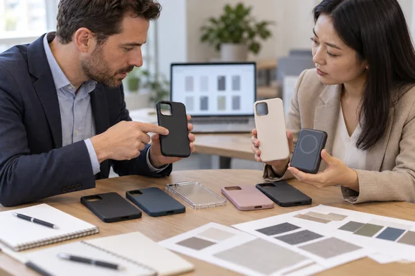 Two buyers reviewing phone cases and a power bank against an assortment record