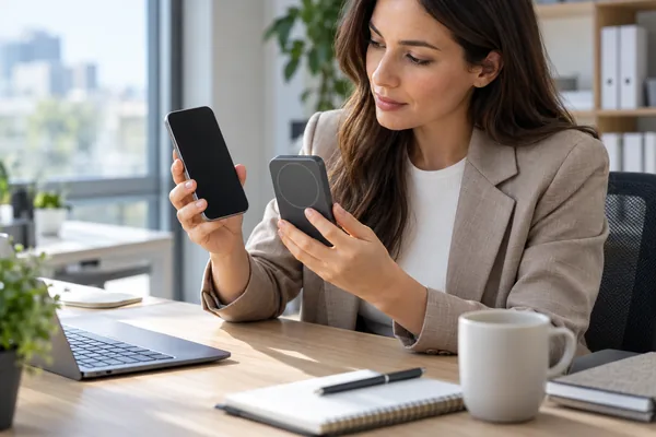 Concept office scene of a buyer examining an unbranded smartphone and magnetic power bank.