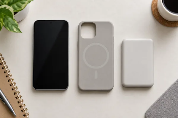 Concept flat lay of an unbranded smartphone, magnetic-ring phone case and compact power bank.