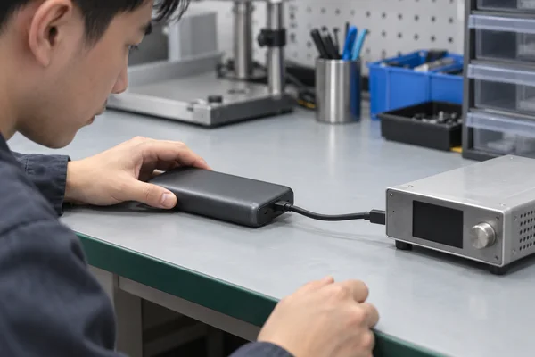 Built-in power bank cable connected to bench equipment for a charging function check