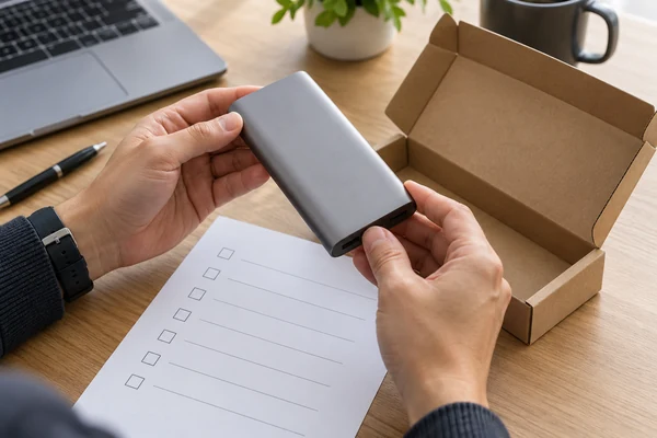 Buyer examining an unbranded power bank above a blank checklist beside plain packaging.