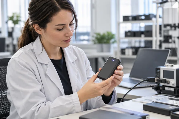 Quality engineer inspecting a power bank battery indicator at an electronics test bench