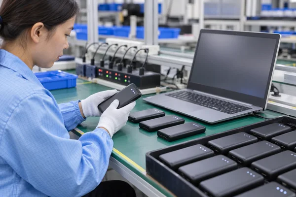 Technician inspecting power bank indicators during production-lot quality control