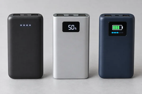 Illustrative comparison of LED dots, a numeric battery-percentage display and a TFT battery screen on power banks
