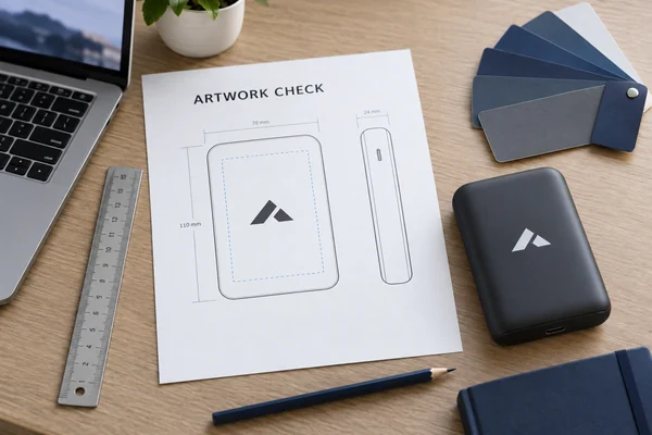 Power bank logo artwork proof with dimension guides, color swatches and a sample housing