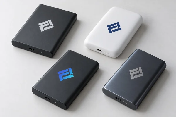 Power bank mockups showing solid-color, gradient and contrasting metal logo finishes