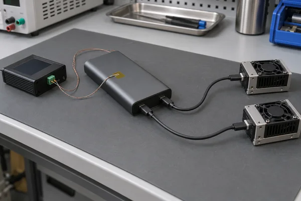 Power bank connected to two USB-C electronic loads and a surface temperature logger