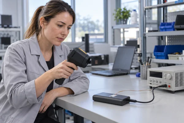 Female quality engineer using an infrared camera to inspect a power bank on a thermal test bench