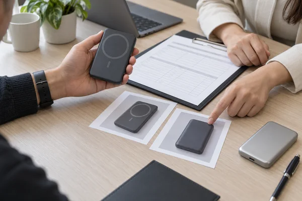 Reviewers comparing a magnetic power bank sample with product photographs and a documentation folder