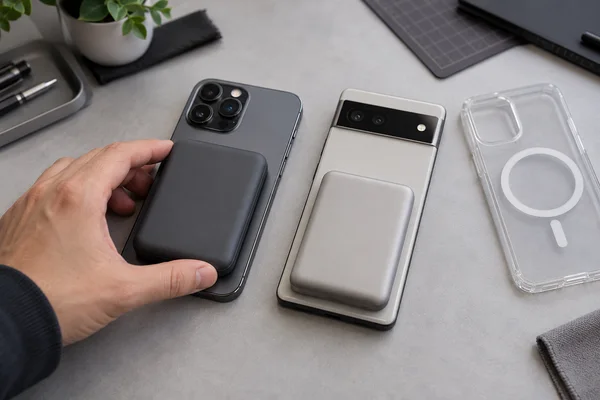 Two different smartphones with attached magnetic power banks beside a transparent magnetic phone case