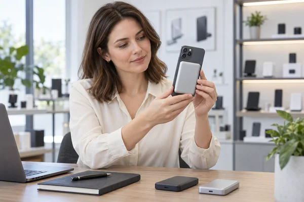 Buyer inspecting a magnetic power bank attached to a smartphone in a product review showroom