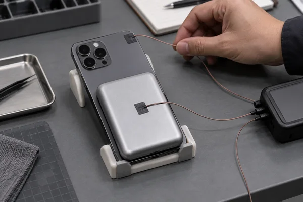 Surface temperature probes taped to a smartphone and attached magnetic power bank during sample evaluation