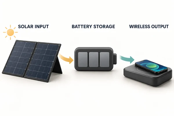 Diagram showing solar input feeding battery storage before the battery supplies wireless charging output.