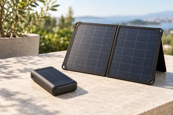 Compact solar power bank beside a separate folding solar panel on an outdoor table