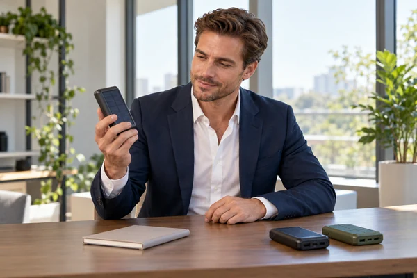 Business professional examining a solar power bank sample in a bright office