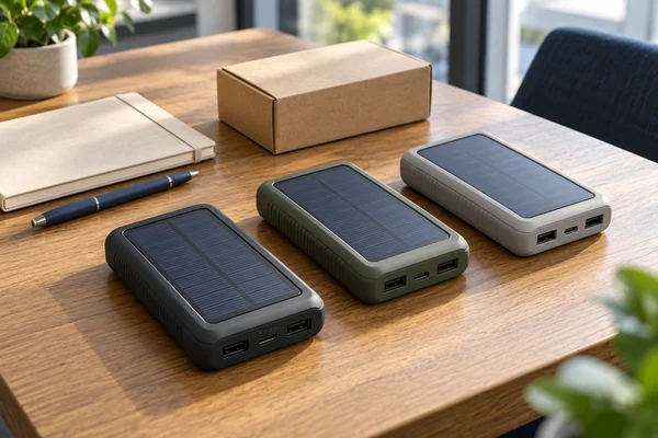 Three unbranded solar power bank samples arranged for an OEM sourcing review