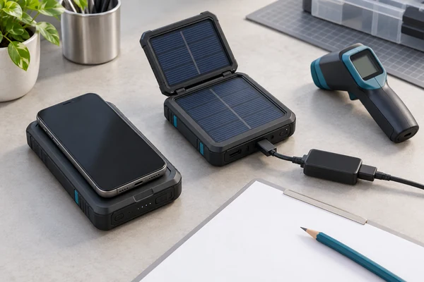 Conceptual OEM testing setup with solar power bank samples, a phone, a USB meter, and an infrared thermometer.