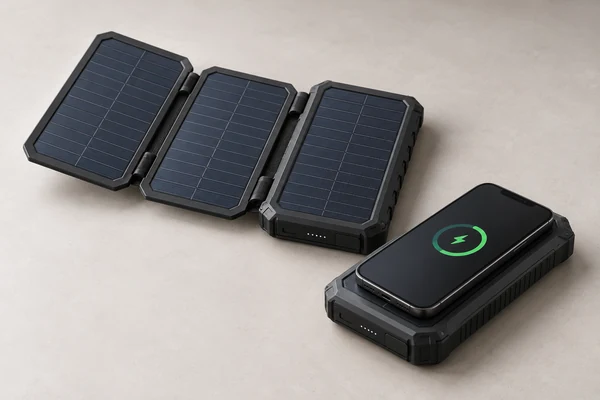 Concept illustration of a fold-out solar power bank and a smartphone resting on a wireless charging power bank.