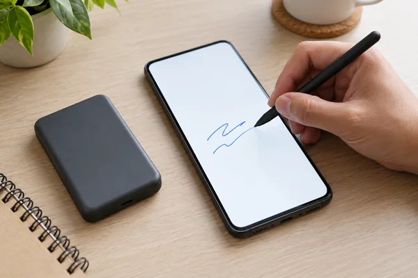 Hand drawing blue lines with a stylus on a generic smartphone, with a disconnected power bank beside it.