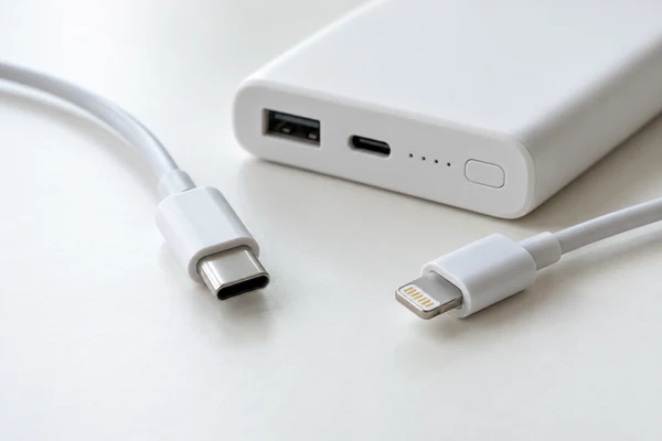USB-C and Lightning-style cable connectors beside an unbranded white power bank.