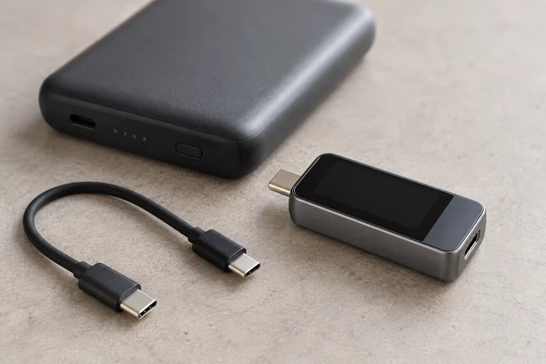 Disconnected USB-C power meter with a blank screen beside a power bank and auxiliary cable