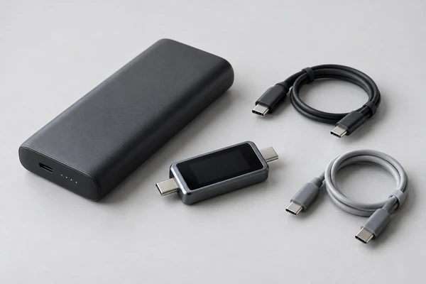 Generic power bank, compact USB-C power meter, and coiled cables on a studio tabletop