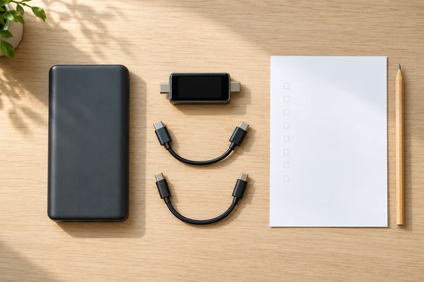 Power bank, USB-C meter, short cables, and a blank procurement checklist on a desk