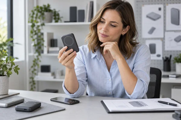 Female product buyer reviewing a power bank magnético inalámbrico and smartphone at an evaluation desk