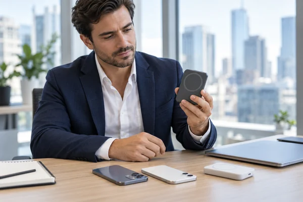 Electronics buyer reviewing a magnetic wireless power bank with smartphone and product samples in a modern office.