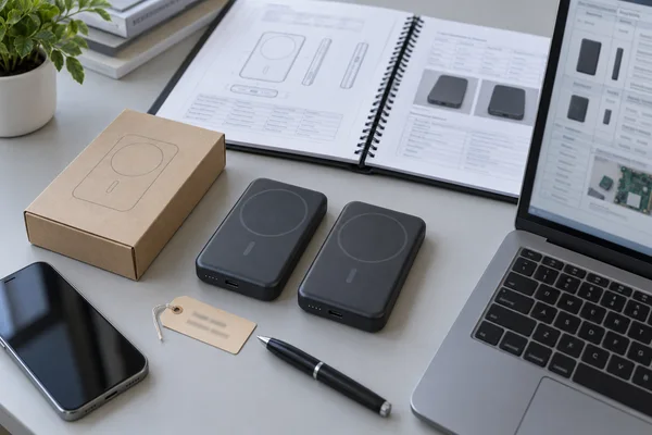 Wireless power bank samples beside technical records and packaging during an OEM production review