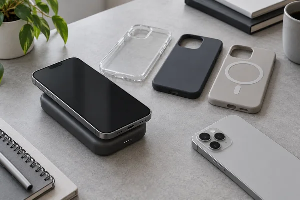 Smartphone, power bank inalámbrico and protective cases arranged for normal charging compatibility checks